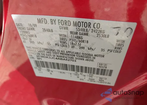 2010 Ford Edge Sel z USA, uszkodzony, nr VIN 2FMDK3JC4ABA52703